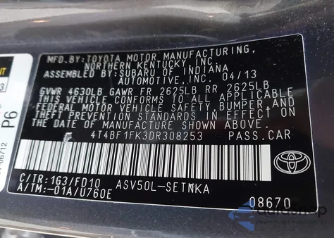 2013 Toyota Camry Le из США, поврежденный, VIN 4T4BF1FK3DR308253